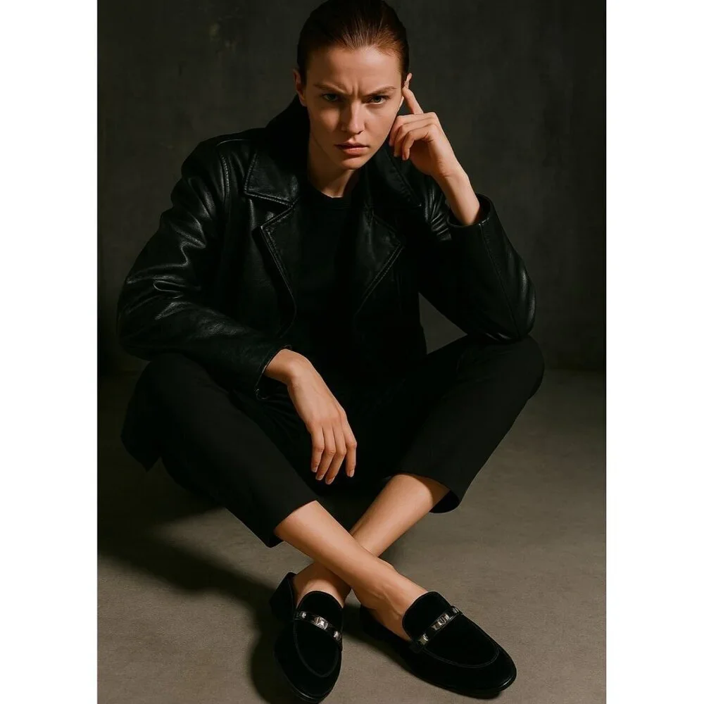 Marc Fisher Women's SZ 8.5 Wishing Mules Black Velvet Studded Slip On Loafers